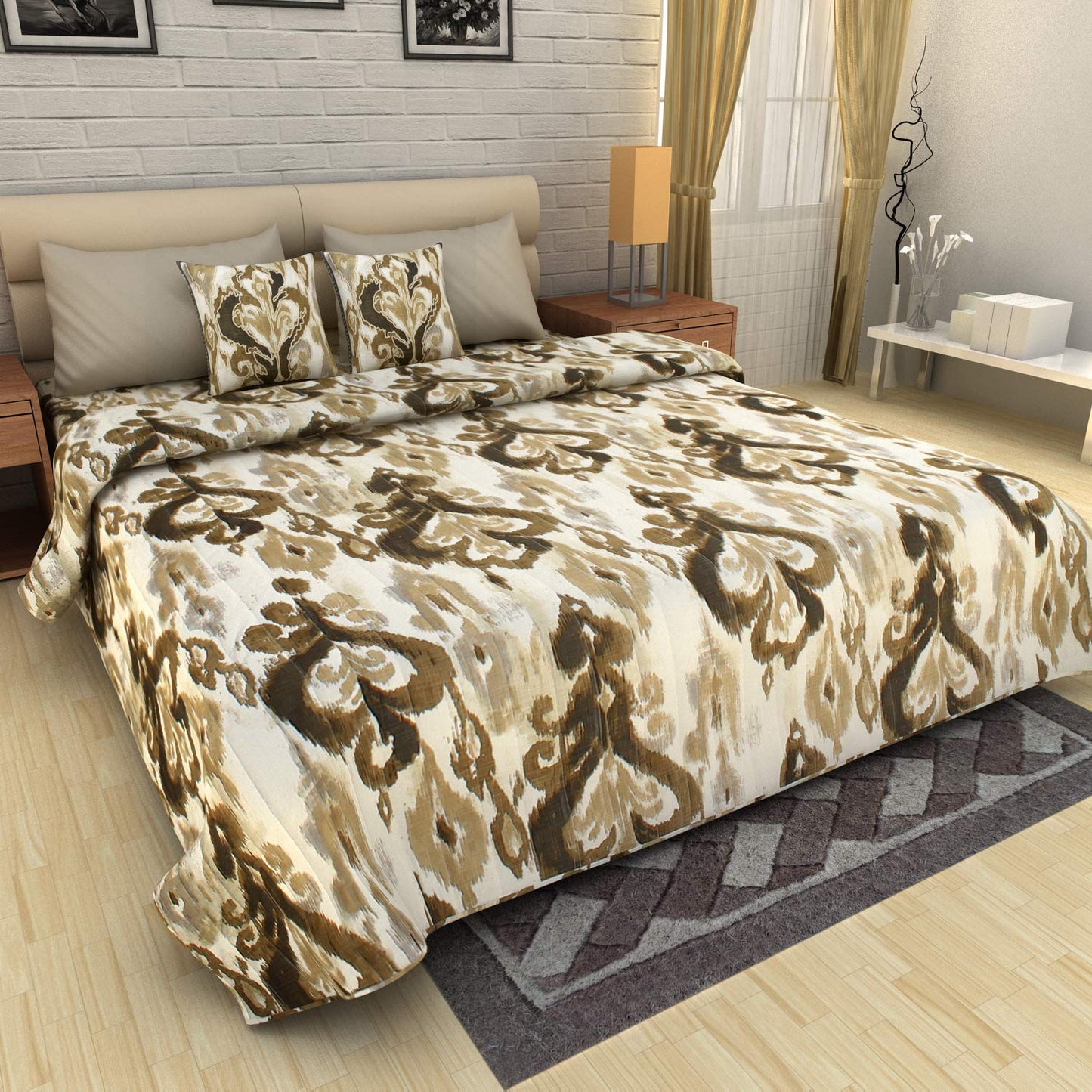 Quilted Bedcover - Beige Ikat Print