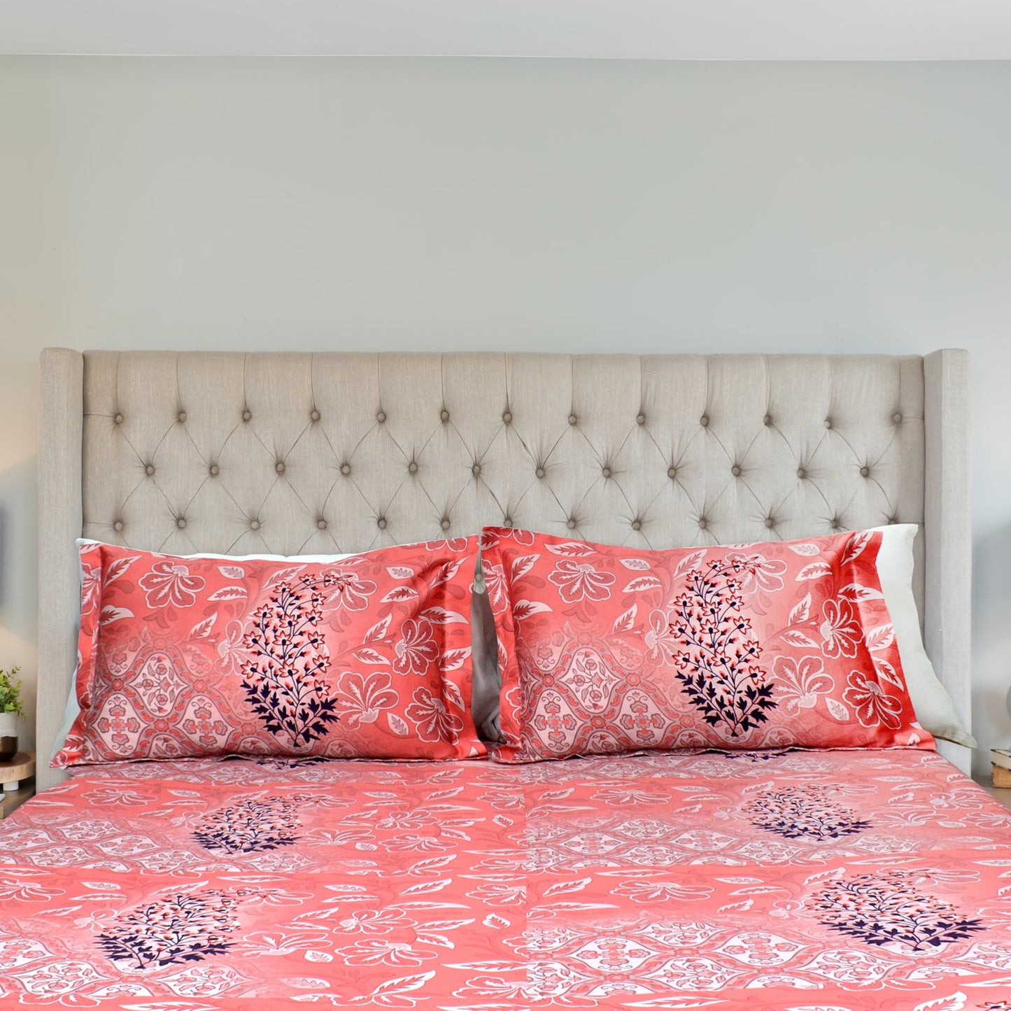 Premium Cotton Bedsheet - Peach Coral Print