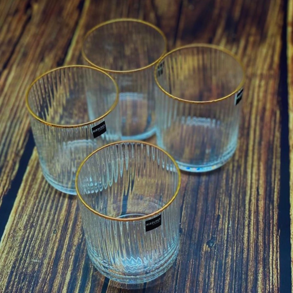 Ribbed Gold Rim Tumbler Cocktail Glass Set of 2