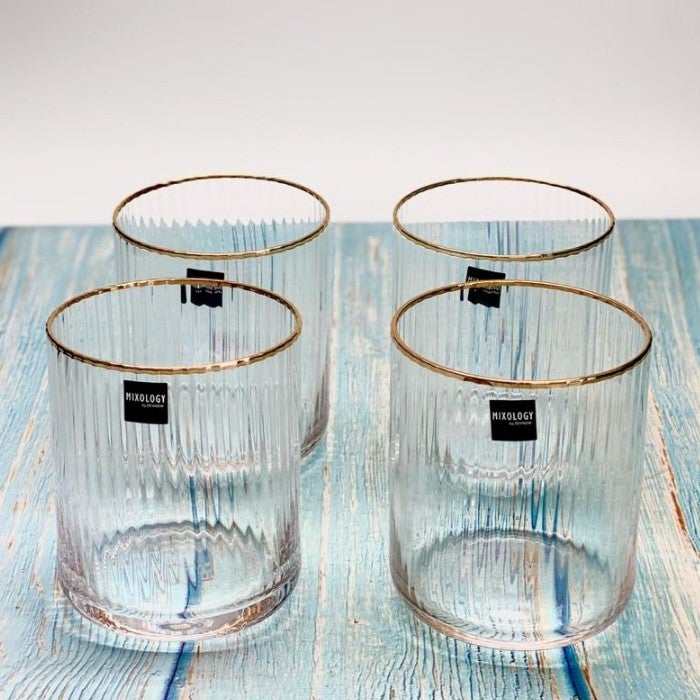Ribbed Gold Rim Tumbler Cocktail Glass Set of 2